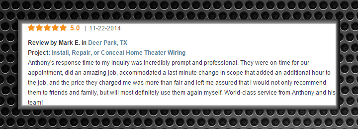 Screenshot of a customer review praising the prompt and professional home theater wiring service