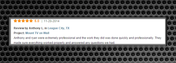 Screenshot of a customer review praising the professional and efficient audio/video installation service