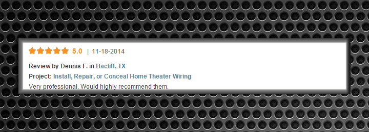Screenshot of a customer review recommending Digitally Defined for home theater wiring