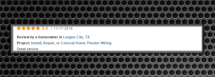 Screenshot of a customer review from League City, TX, praising home theater wiring service