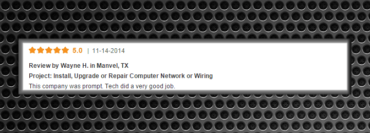Screenshot of a customer review from Houston, TX, praising the computer network wiring service