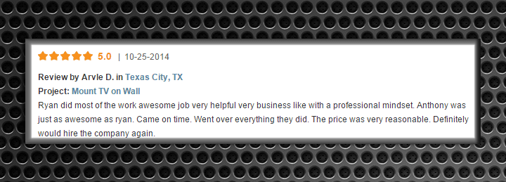 Screenshot of a customer review from League City, TX, praising the professional and business-like audio/video installation service