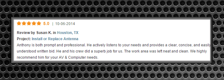 Screenshot of a customer review from Houston, TX, praising the attentive and professional computer wiring service