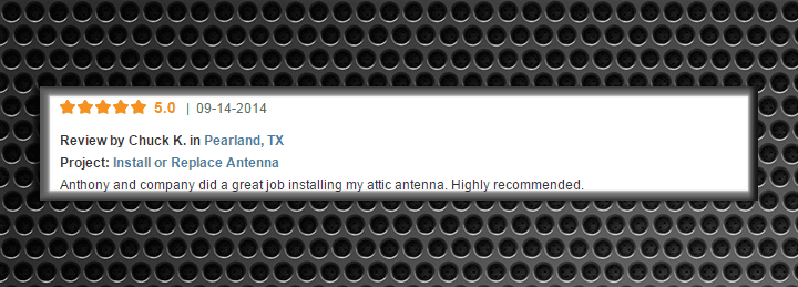 Screenshot of a customer review from Pearland, TX, praising the attic antenna installation service