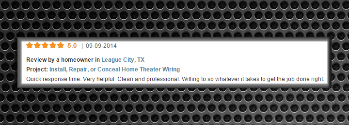 5-star review for home theater wiring services in League City, TX