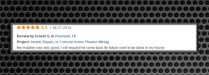 Thumbnail image of a 5-star review for home theater wiring services in League City, TX