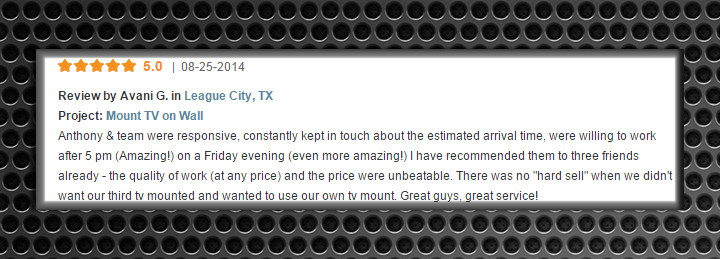 Thumbnail image of a 5-star review for TV mounting services in League City, TX