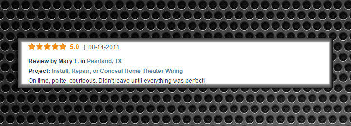 5-star review for home theater wiring services in Pearland, TX
