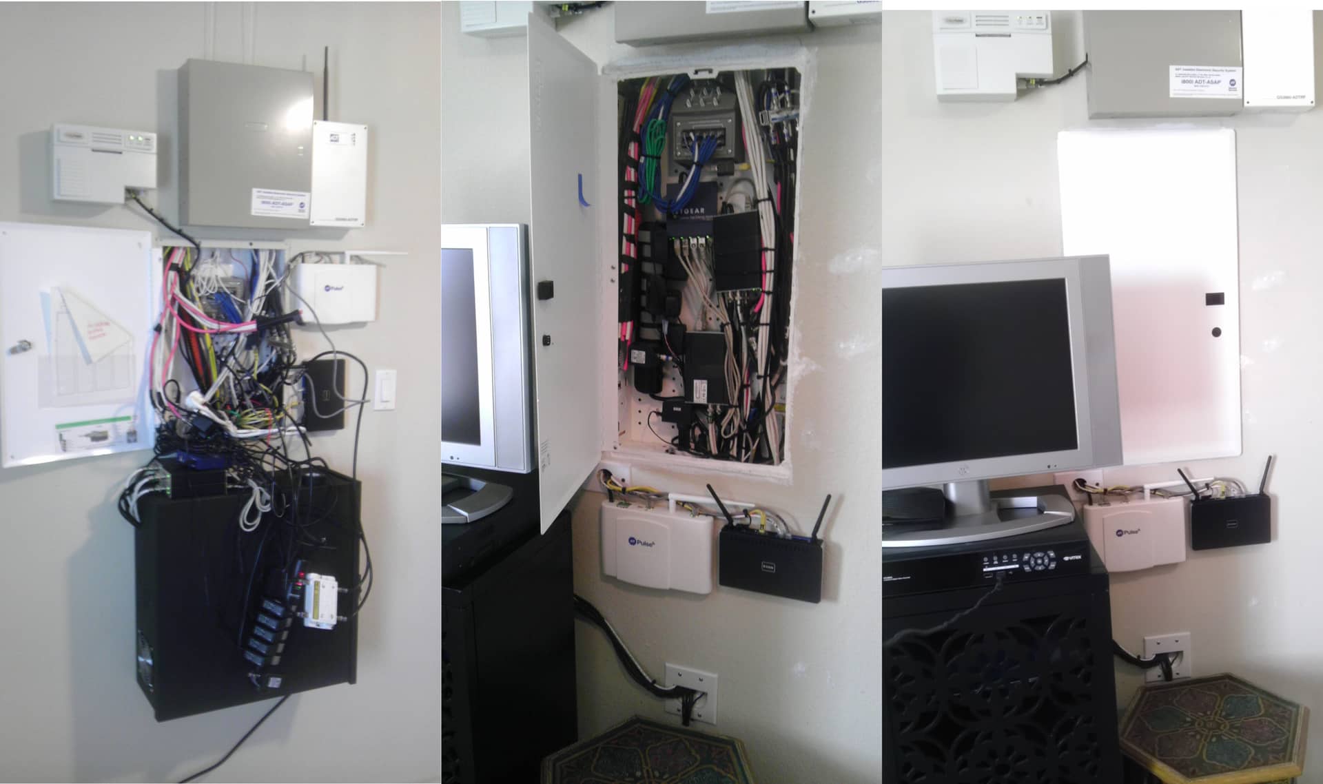 Small office space with a flat-screen TV mounted on the wall, surrounded by white cabinetry and a desk with computer setup.
