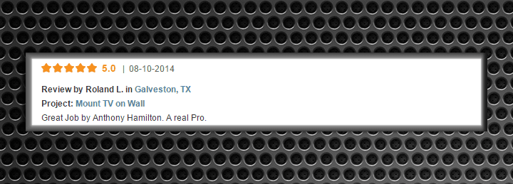 Thumbnail image of a 5-star review for home theater installation services in Houston, TX
