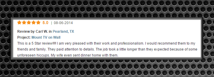 5-star review for TV wall mounting services in Pearland, TX