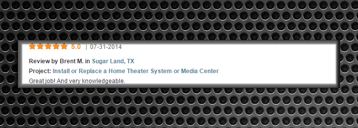 5-star review for home theater system installation services in Sugar Land, TX