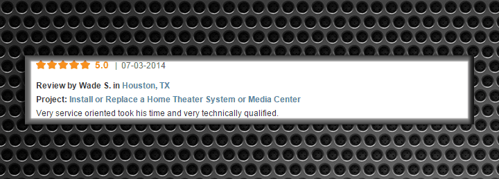 5-star review for home theater system installation services in Houston, TX