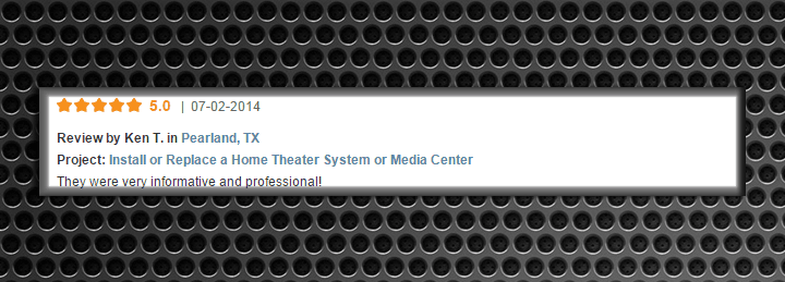 5-star review for home theater system installation services in Pearland, TX