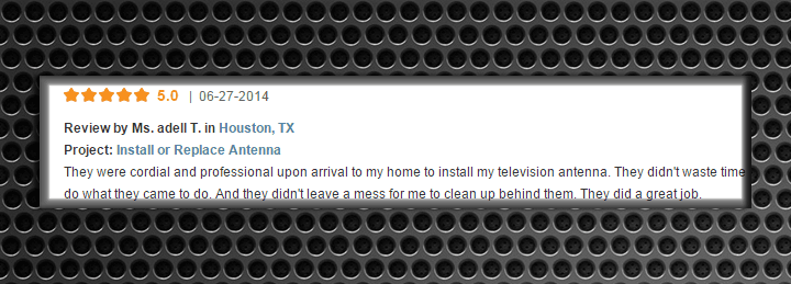 5-star review for antenna installation services in Houston, TX