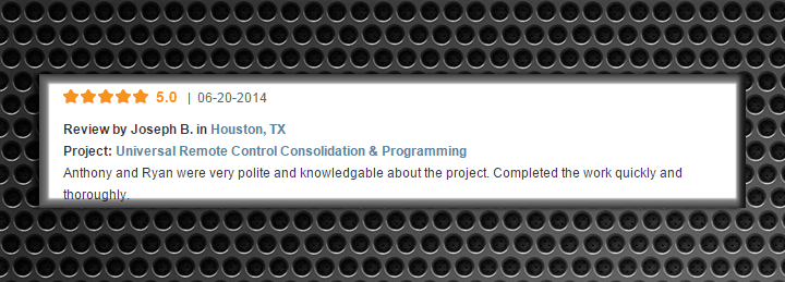 5-star review for universal remote control programming services in Houston, TX