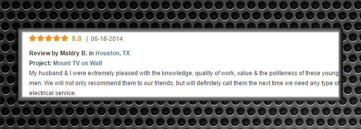 5-star review for TV wall mounting services in Houston, TX