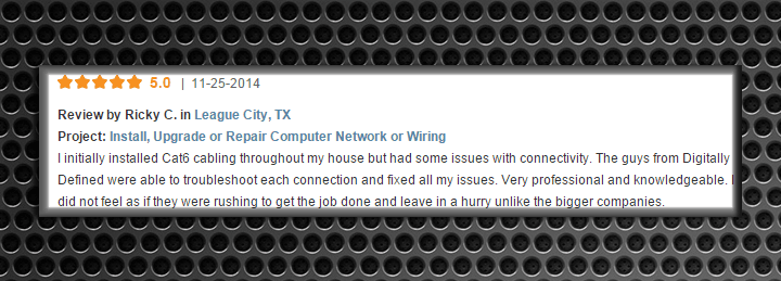 5-star review for computer network wiring services in League City, TX