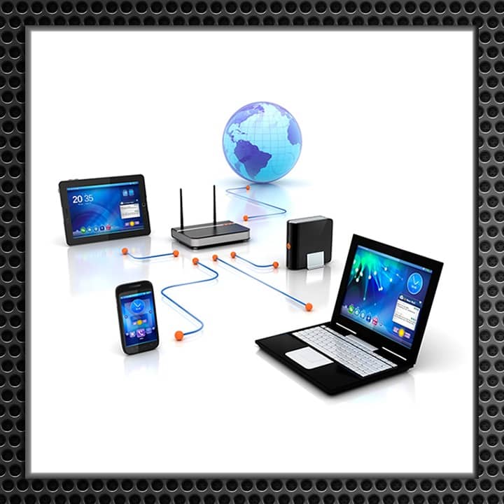 Image showcasing a complete home networking setup with a WiFi router, globe icon indicating internet connectivity, and various connected devices including smartphones, laptops, and a tablet.