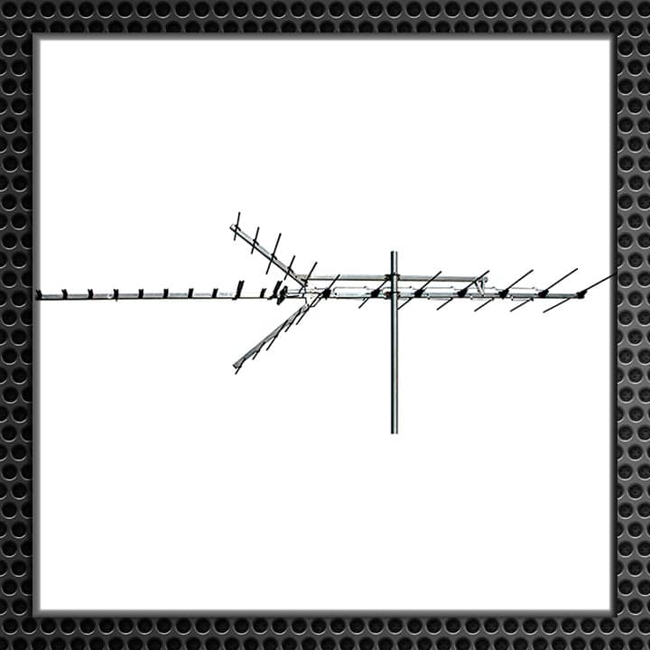 Simple line drawing of an over-the-air HD antenna, depicting its structure with a central mast and multiple cross elements.