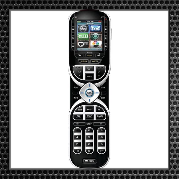 Digital universal remote control with a small display screen and multiple buttons for various functions, designed in sleek black with metallic accents.