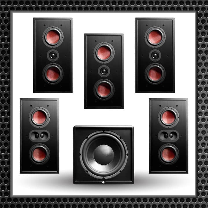 Array of eight high-performance surround sound speakers with red cones, including two larger floor-standing models, four bookshelf models, and two subwoofers, arranged symmetrically.