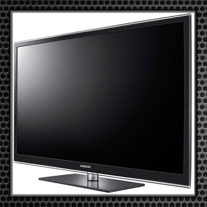 Modern Samsung flat-screen TV on a shiny metallic stand, featuring a slim bezel design and a glossy black finish.